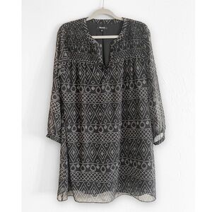 MADEWELL Boho Black Patterned Long Sleeved Shift Dress Women's Medium